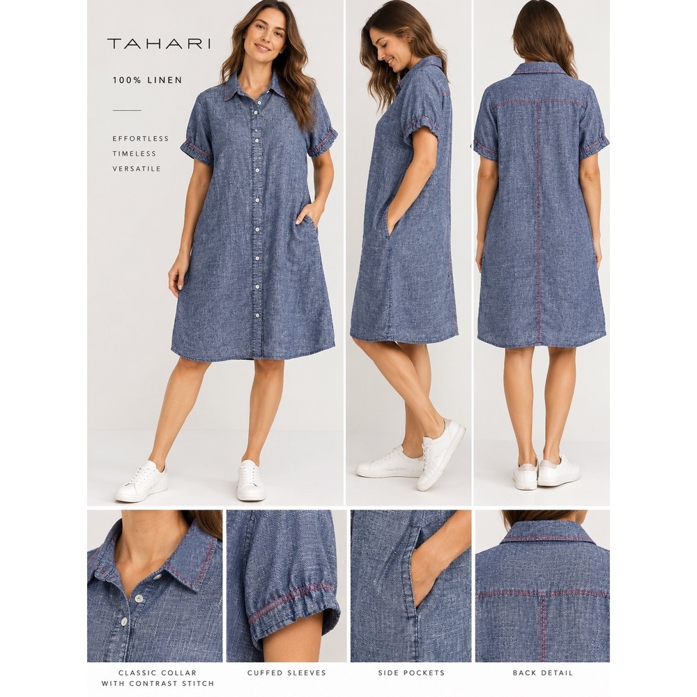 Tahari 100% Linen Shirt Dress Blue Contrast Stitch Short Sleeve Utility Boho L